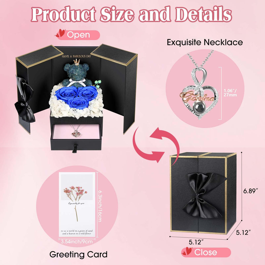 ADDWel Rose Gifts for Women Birthday Christmas - Preserved Real Roses Forever Red Flowers with I Love You in 100 Languages Necklace and Cute Moss Bear for Girlfriend Wife Mom Grandma