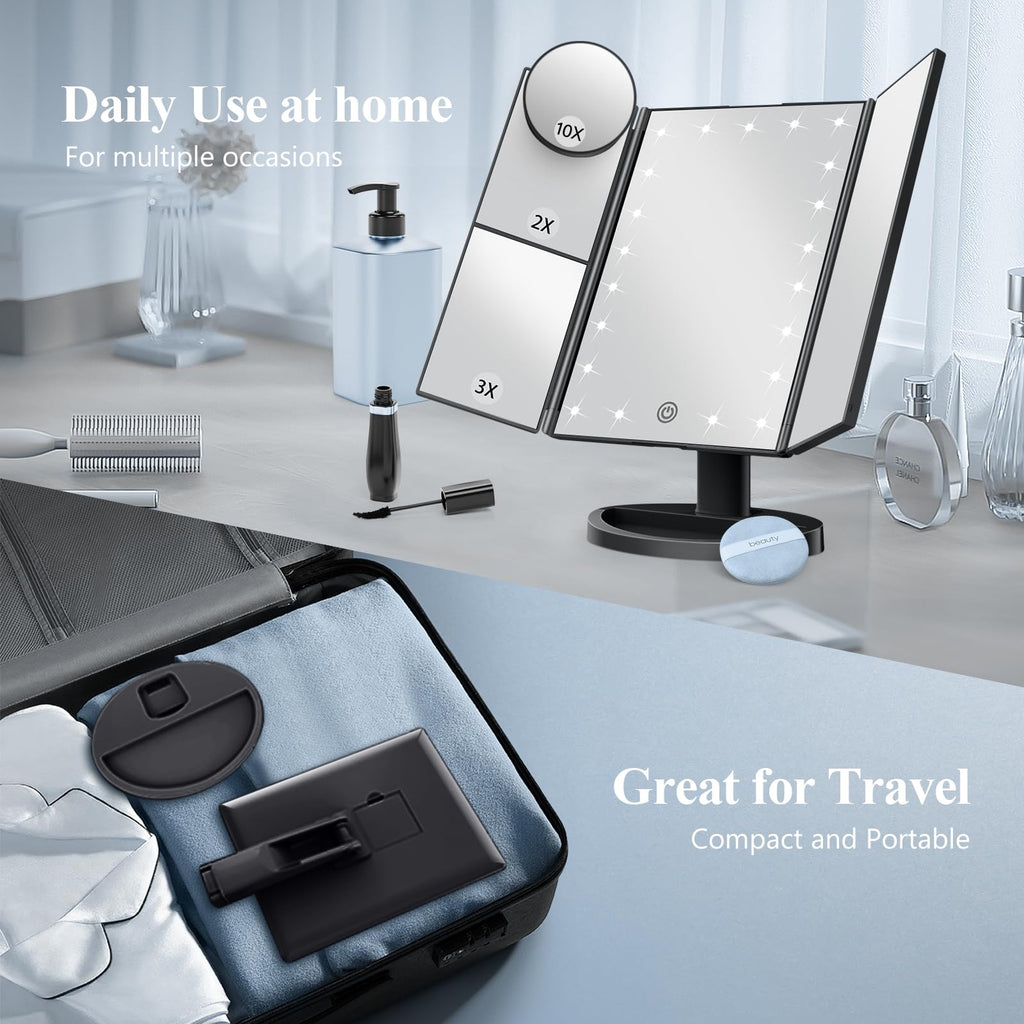 HUONUL Makeup Mirror Vanity Mirror with Lights, 2X, 3X, 10X Magnification, Touch Control, Trifold, White, 9.4" L x 13.4" W, Modern Style, Dresser Mount, Bathroom