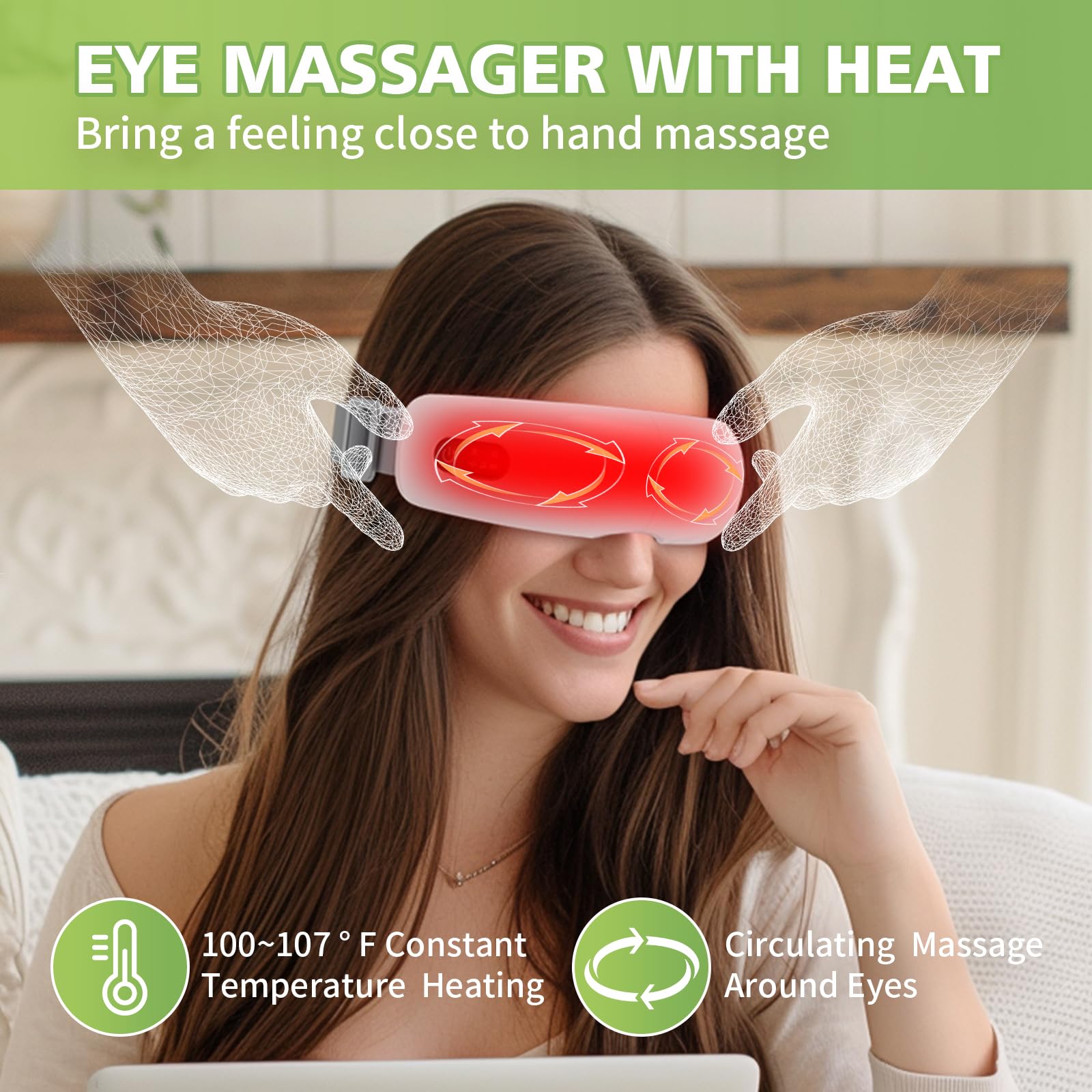 NOWWISH Eye Massager with Heat, Vibration and Bluetooth Music for Migraine Headache Eye Strain Relief, Cordless Heated Eye Mask with 4 Massage Modes, Relaxation -Christmas Gifts for Women Men -White