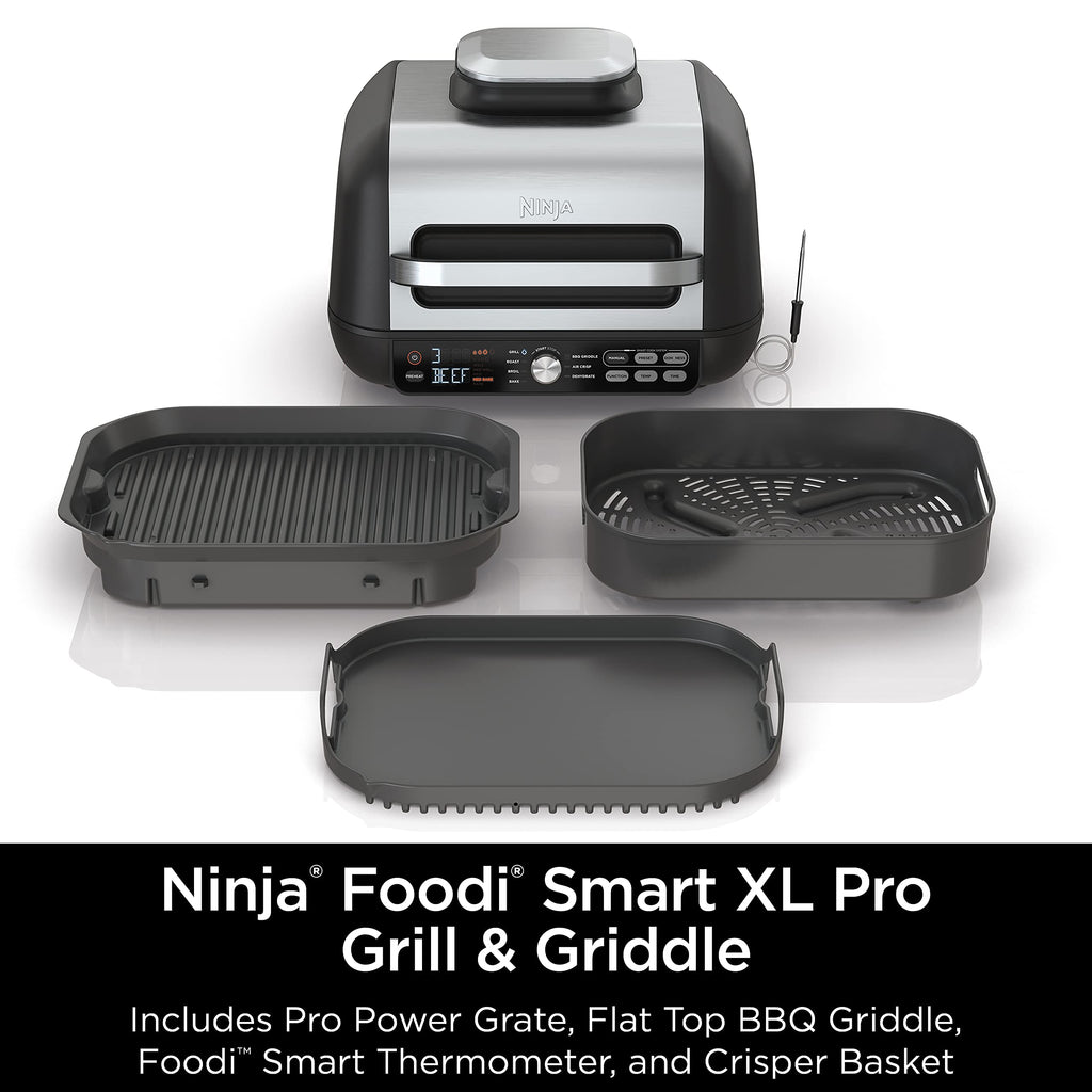 Ninja | Indoor Grill and Air Fryer| Foodi Smart XL | 6-in-1 Grill, Air Fry, Roast, Bake, Broil, Dehydrate & Crisp |Smart Thermometer & Splatter Shield | Dishwasher Safe Parts | Black/Silver | FG551