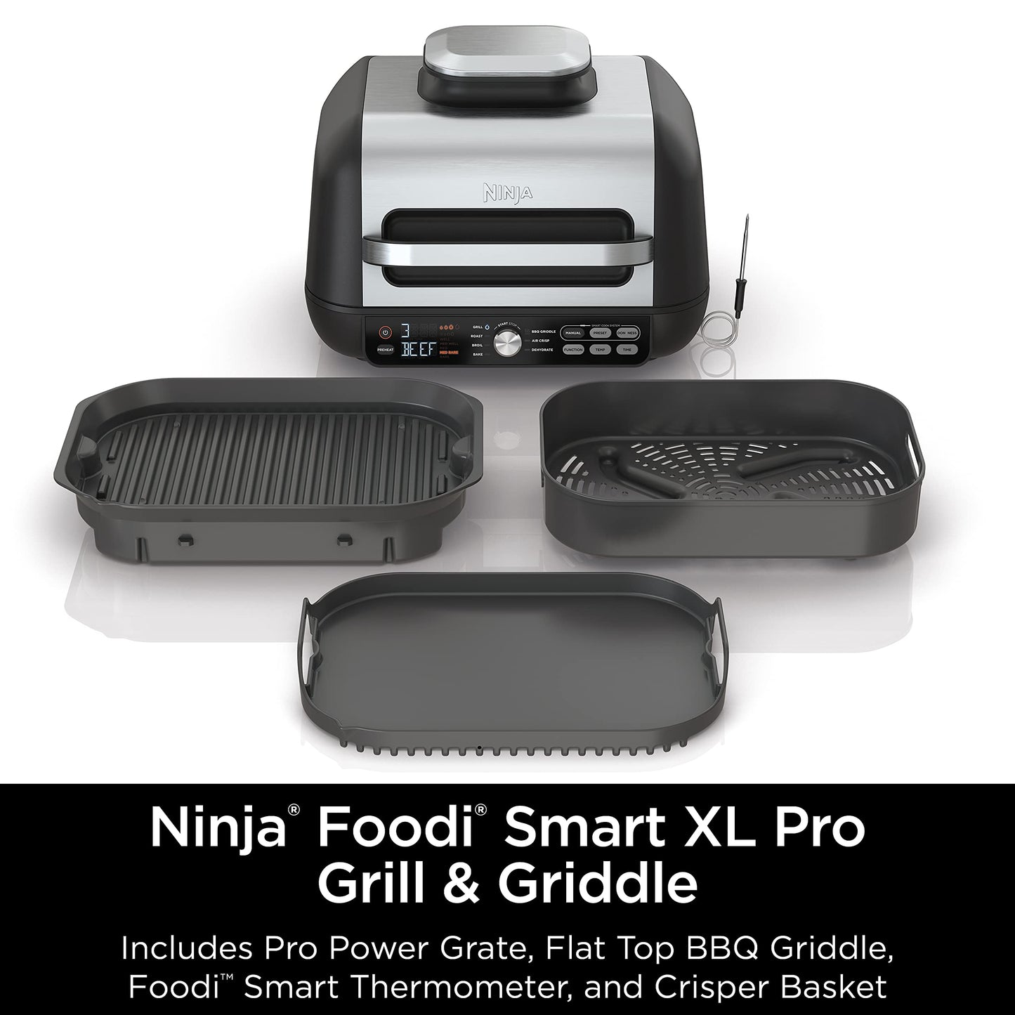 Ninja | Indoor Grill and Air Fryer| Foodi Smart XL | 6-in-1 Grill, Air Fry, Roast, Bake, Broil, Dehydrate & Crisp |Smart Thermometer & Splatter Shield | Dishwasher Safe Parts | Black/Silver | FG551
