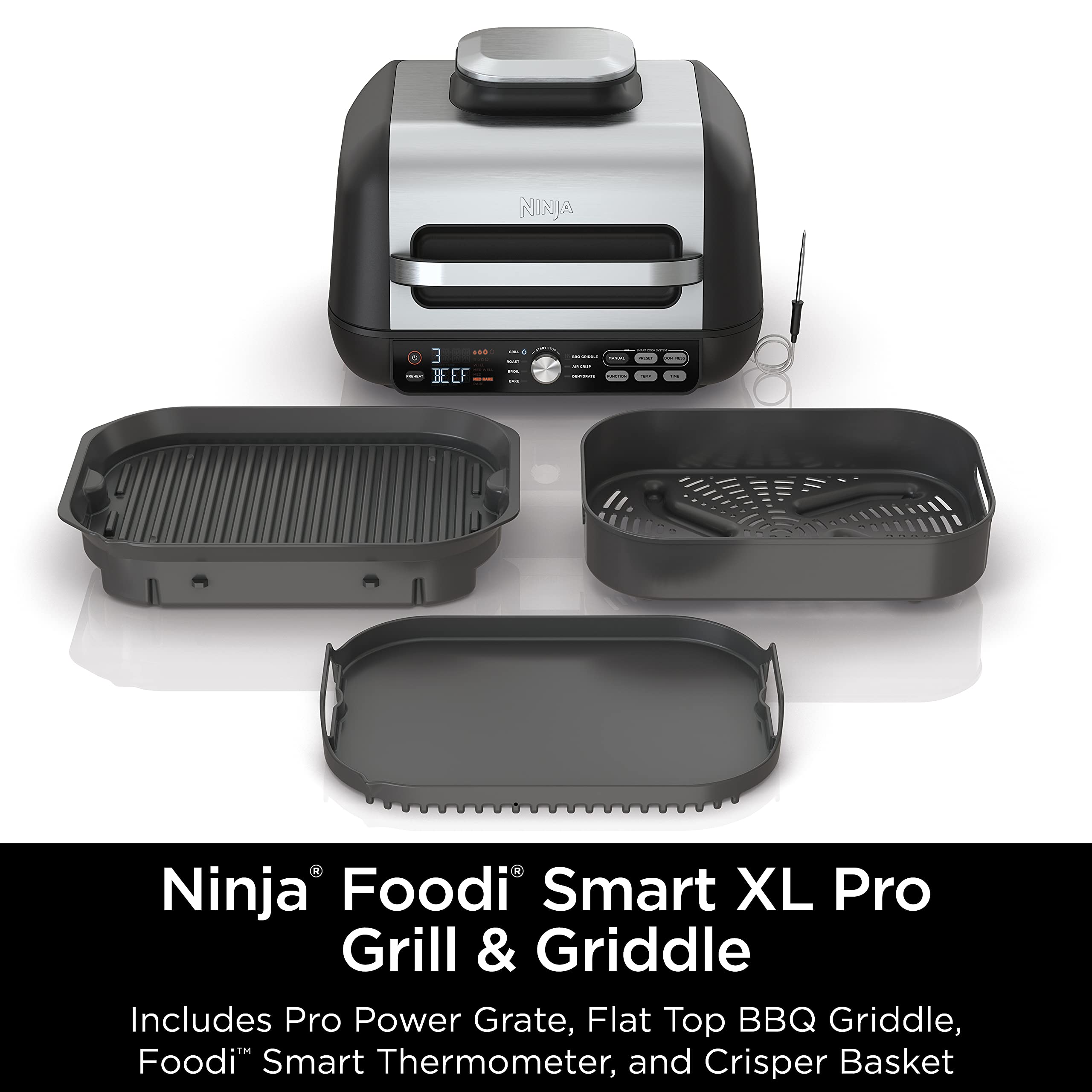 Ninja | Indoor Grill and Air Fryer| Foodi Smart XL | 6-in-1 Grill, Air Fry, Roast, Bake, Broil, Dehydrate & Crisp |Smart Thermometer & Splatter Shield | Dishwasher Safe Parts | Black/Silver | FG551