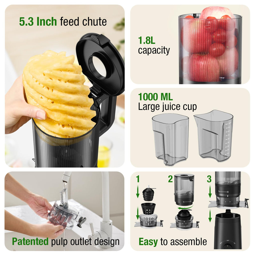 Juicer Machines, TUUMIIST Cold Press Juicer with 5.3" Extra Large Feed Chute Fit Whole Fruits & Vegetables Easy to Clean, High Juice Yield, BPA Free (Black)