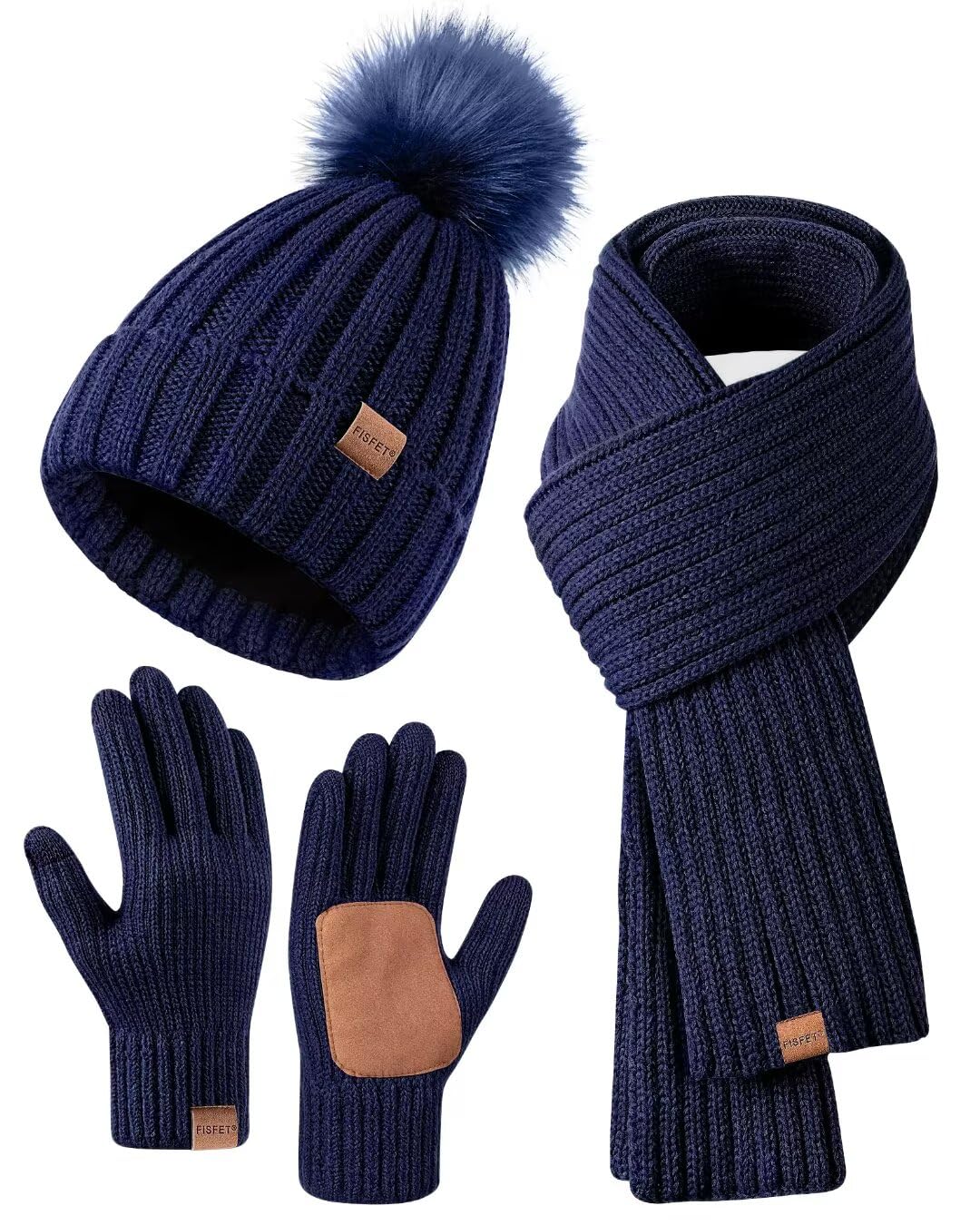 Winter Beanie Hat Scarf Gloves Set for Women, Womens Beanie with Pom Pom Long Scarf Neck Warmer Touchscreen Gloves 3 in 1 Set