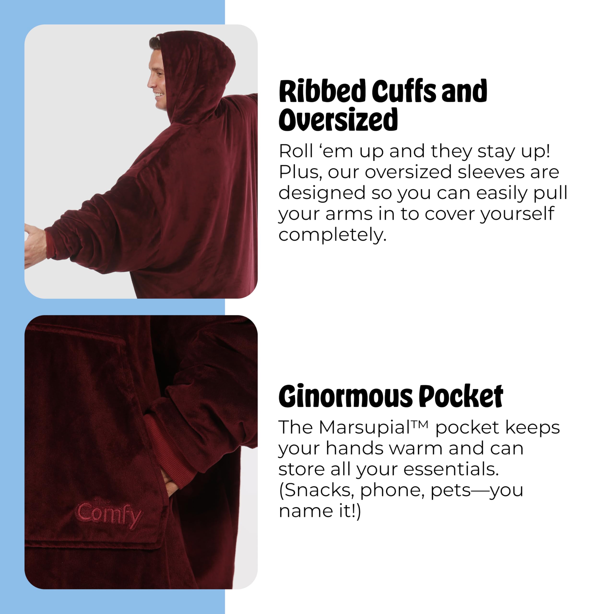 THE COMFY Original | Sherpa Lined Microfiber Fleece Wearable Blanket, Oversized Design with Hood and Pocket from Shark Tank