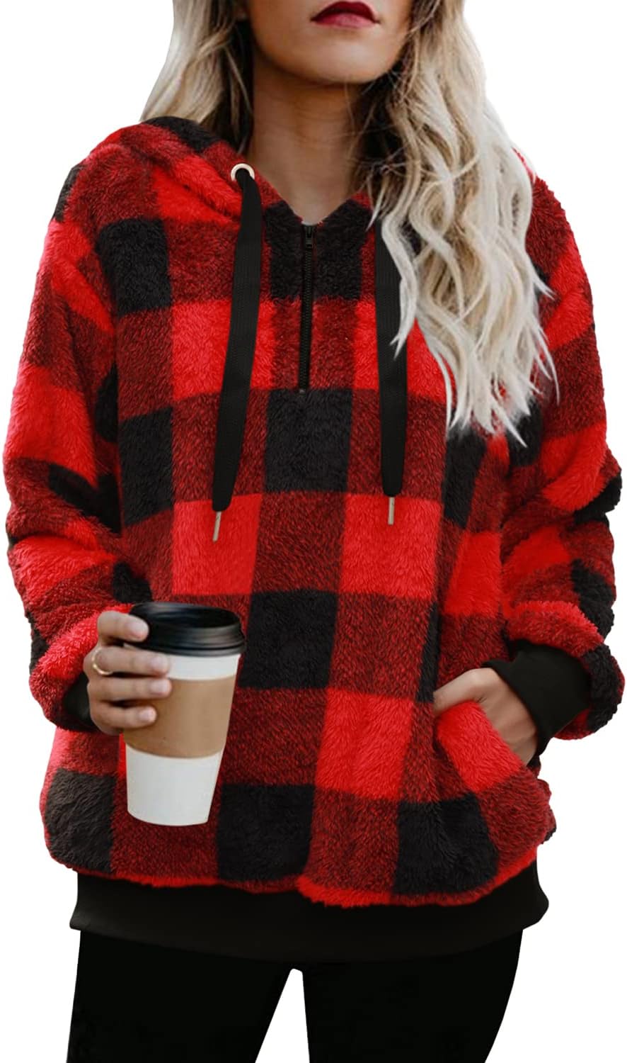 ReachMe Womens Oversized Sherpa Pullover Hoodie with Pockets Fuzzy Fleece Sweatshirt Plaid Fluffy Jacket Coat