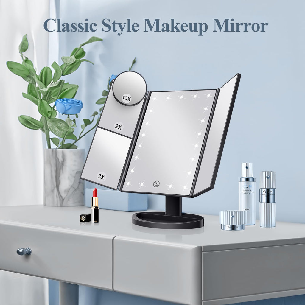 HUONUL Makeup Mirror Vanity Mirror with Lights, 2X, 3X, 10X Magnification, Touch Control, Trifold, White, 9.4" L x 13.4" W, Modern Style, Dresser Mount, Bathroom