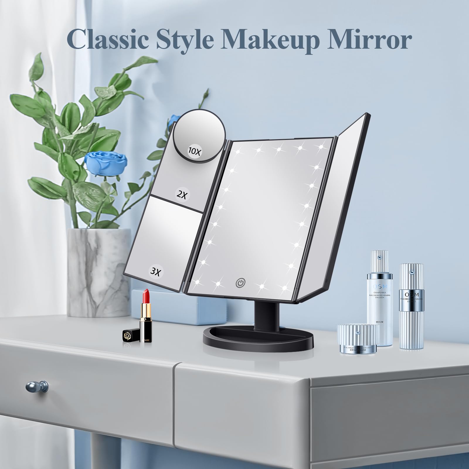 HUONUL Makeup Mirror Vanity Mirror with Lights, 2X, 3X, 10X Magnification, Touch Control, Trifold, White, 9.4" L x 13.4" W, Modern Style, Dresser Mount, Bathroom