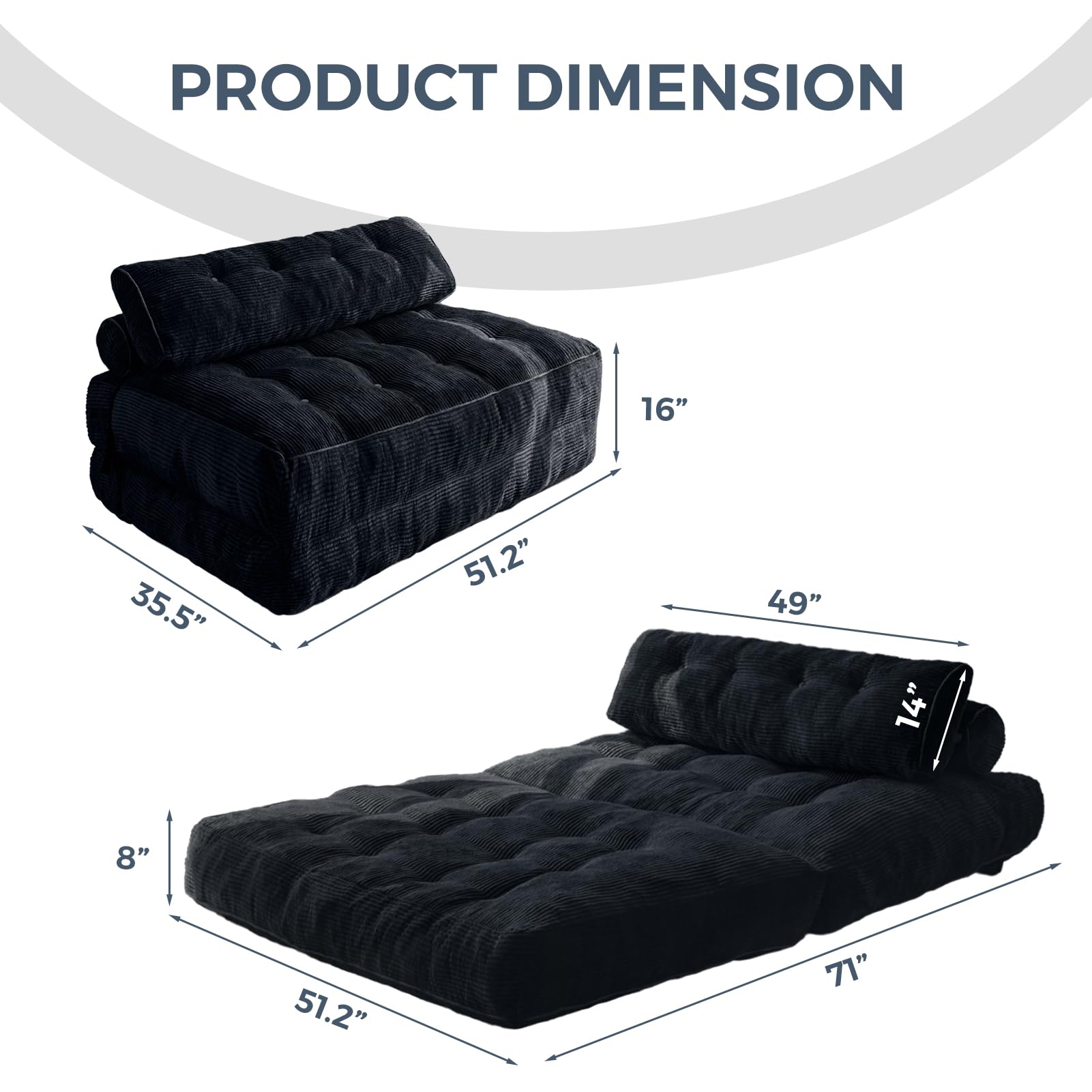 MAXYOYO Folding Sofa Bed, Convertible Sleeper Chair with Pillow Foldable Mattress with Back Support, Portable Fold Out Chair Bed Comfy Floor Sofa Lounge for Living Room Bedroom, Dark Grey, Single