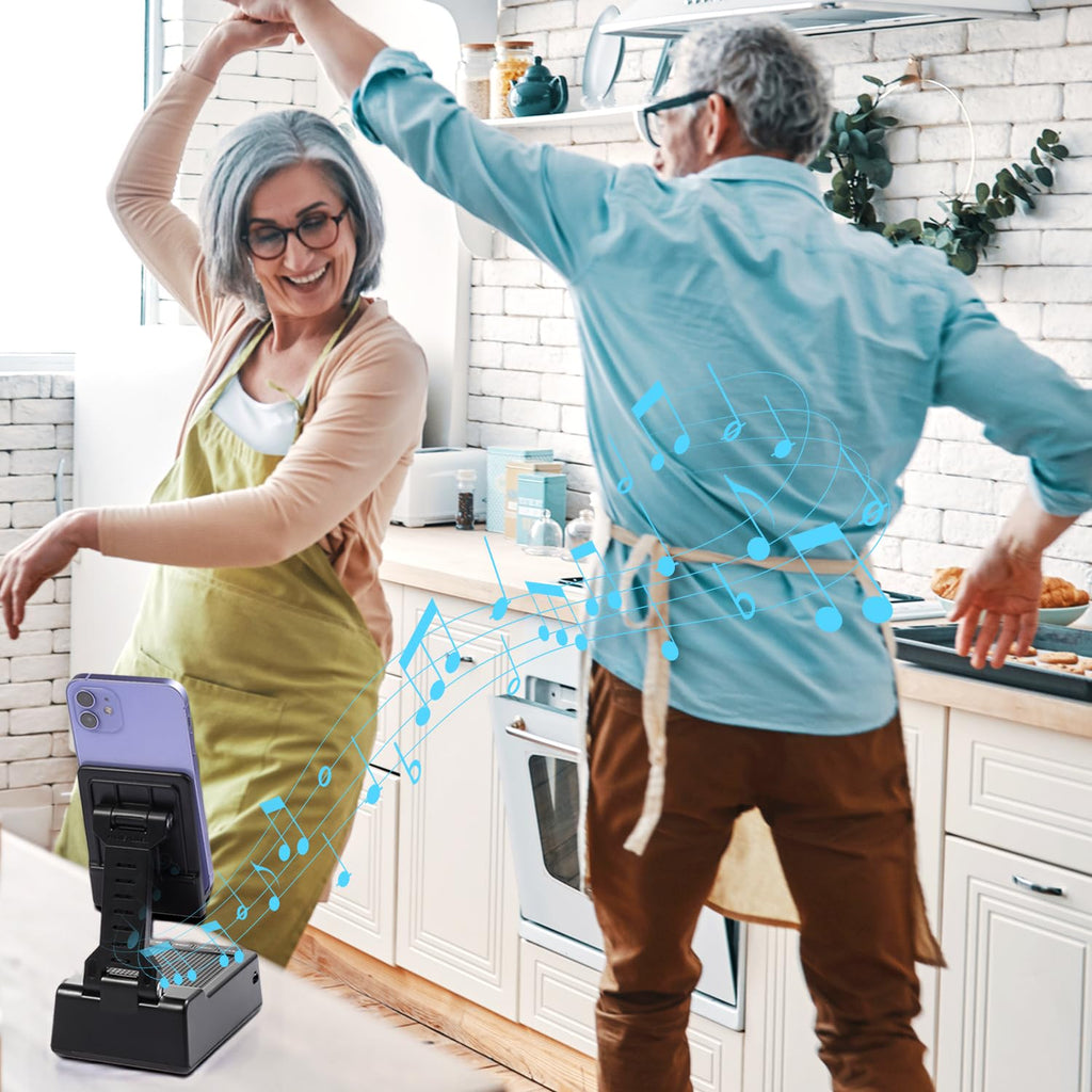 Gifts for Men Women - Cell Phone Stand with Bluetooth Speaker, Phone Holder with Charger (5000mAh), HD Surround Sound for Desk, Stocking Stuffers White Elephant Gift for Adults