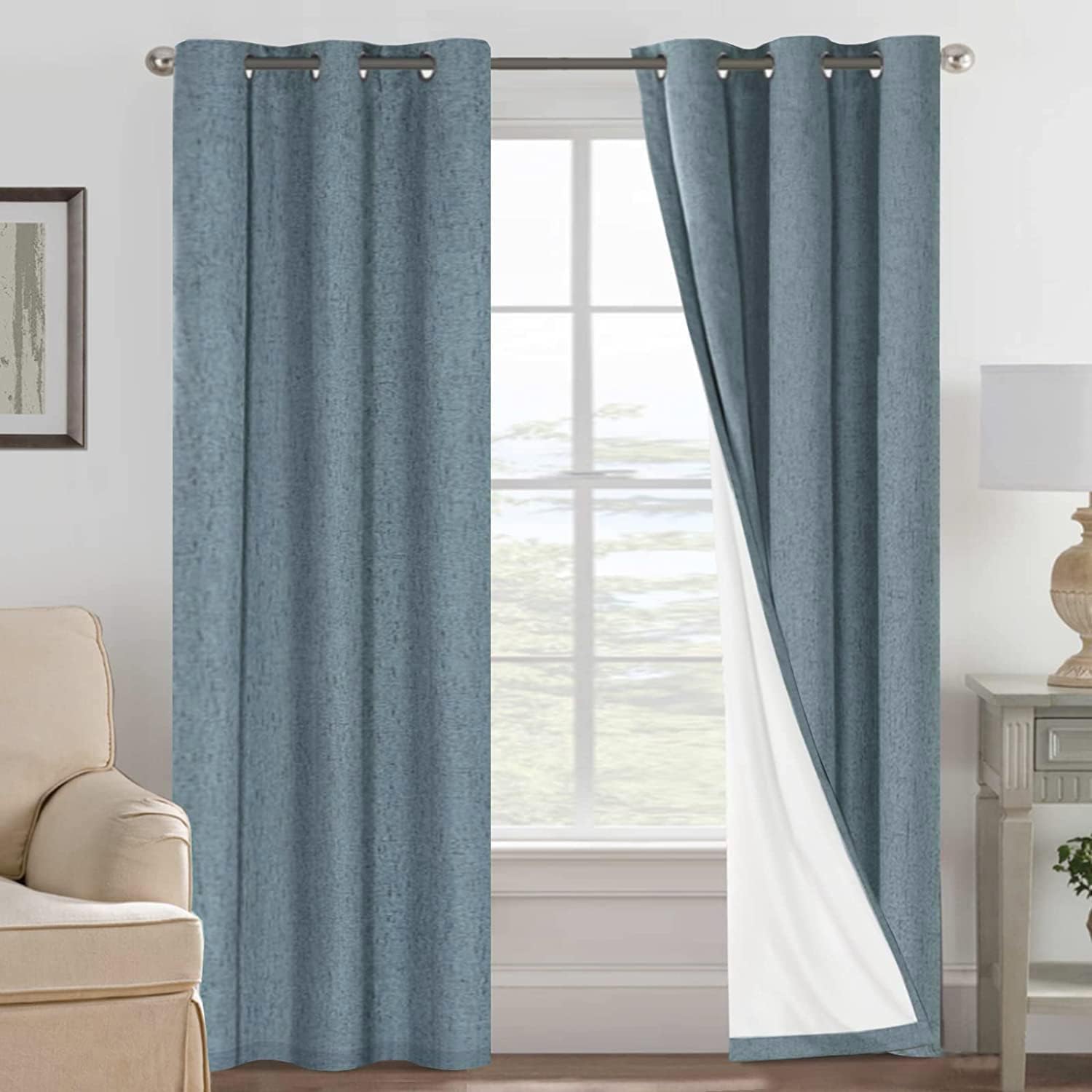 H.VERSAILTEX Linen 100% Blackout Curtains for Bedroom Full Light Blocking Curtains, Textured Window Curtain for Living Room 84 inch Grommet, Energy Efficient Curtains White Liner(2 Panels, Natural)