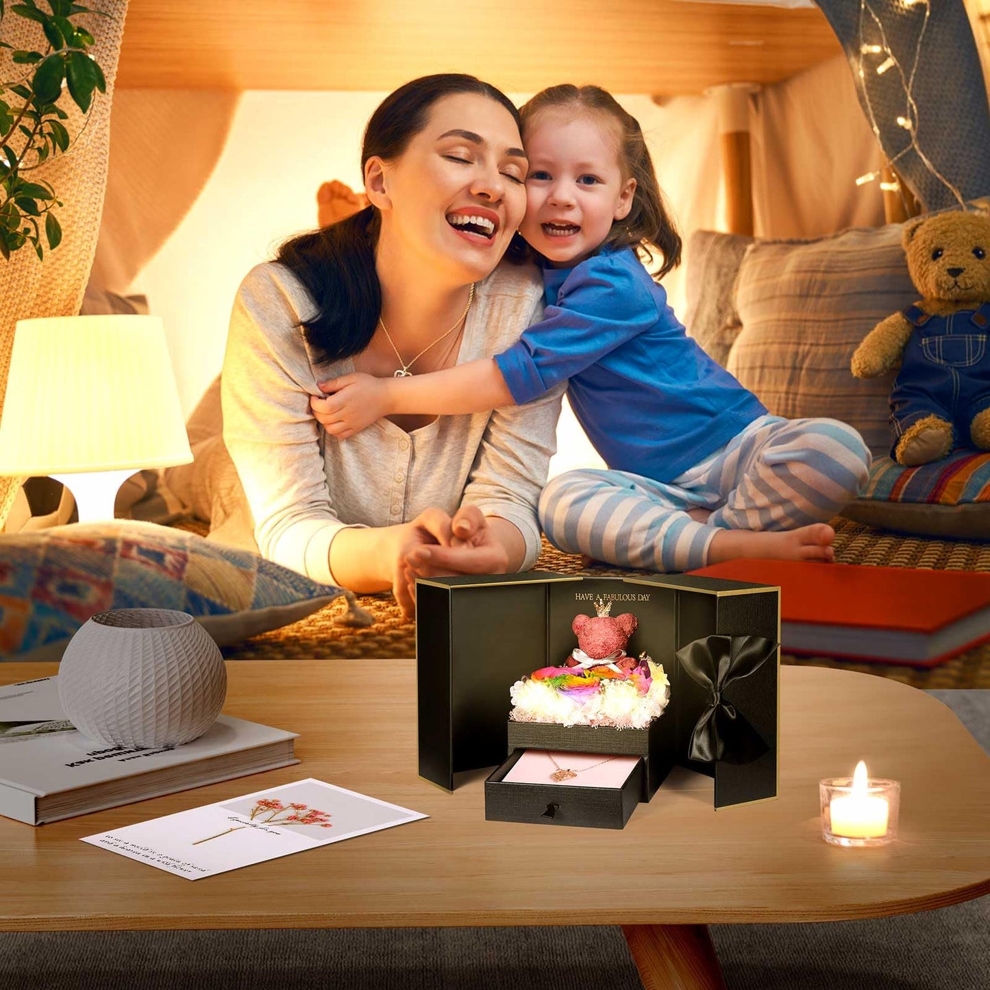 ADDWel Rose Gifts for Women Birthday Christmas - Preserved Real Roses Forever Red Flowers with I Love You in 100 Languages Necklace and Cute Moss Bear for Girlfriend Wife Mom Grandma