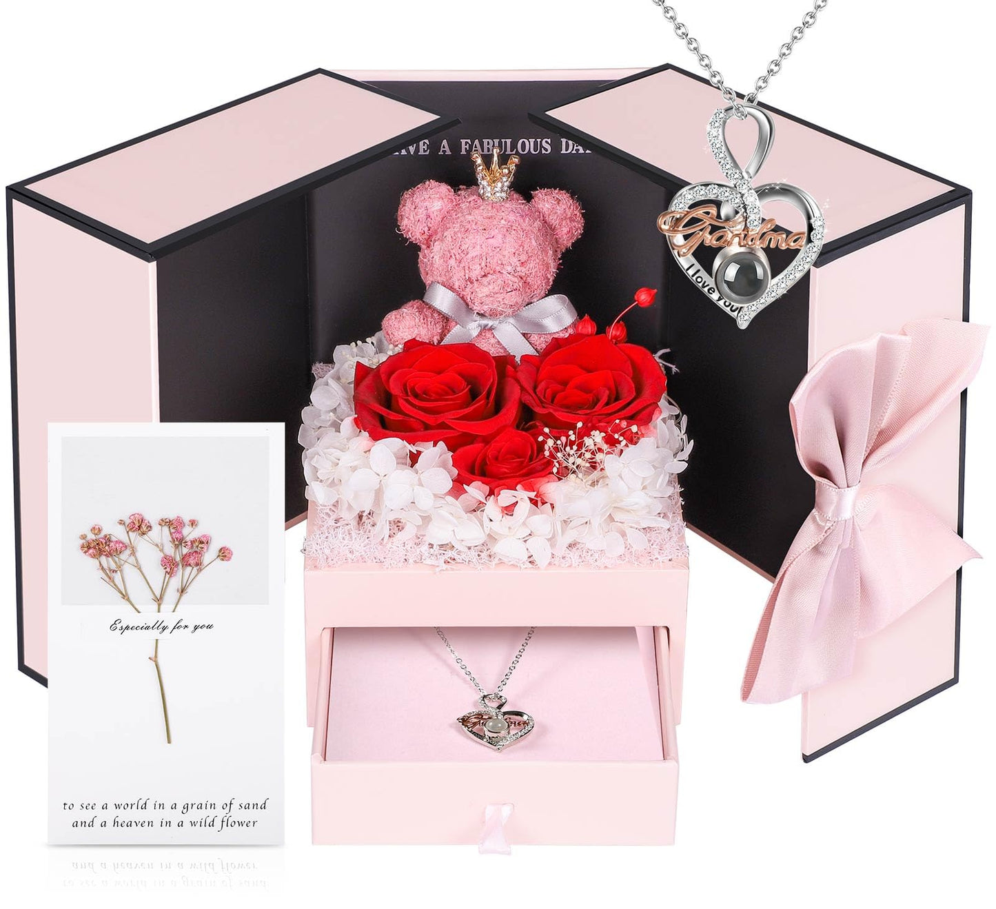 ADDWel Rose Gifts for Women Birthday Christmas - Preserved Real Roses Forever Red Flowers with I Love You in 100 Languages Necklace and Cute Moss Bear for Girlfriend Wife Mom Grandma