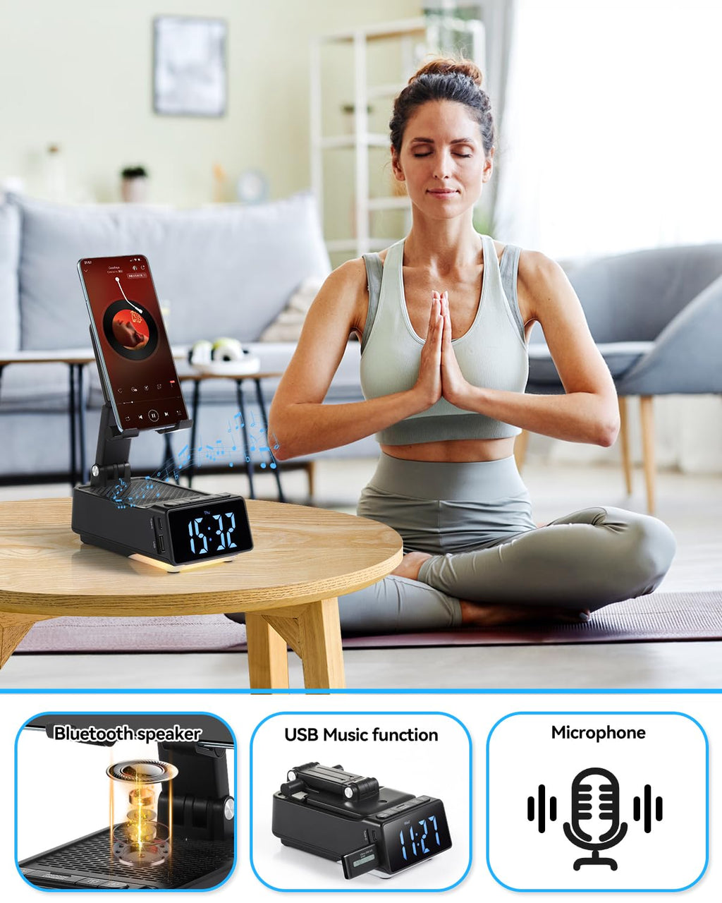 Gifts for Men Women - Cell Phone Stand with Bluetooth Speaker, Phone Holder with Charger (5000mAh), HD Surround Sound for Desk, Stocking Stuffers White Elephant Gift for Adults