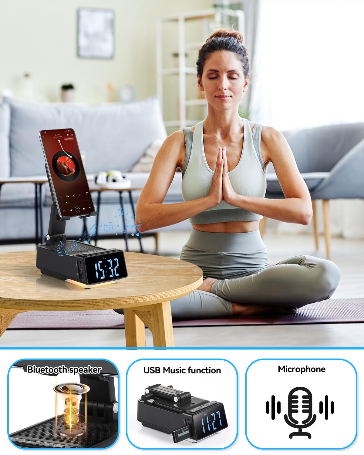 Gifts for Men Women - Cell Phone Stand with Bluetooth Speaker, Phone Holder with Charger (5000mAh), HD Surround Sound for Desk, Stocking Stuffers White Elephant Gift for Adults