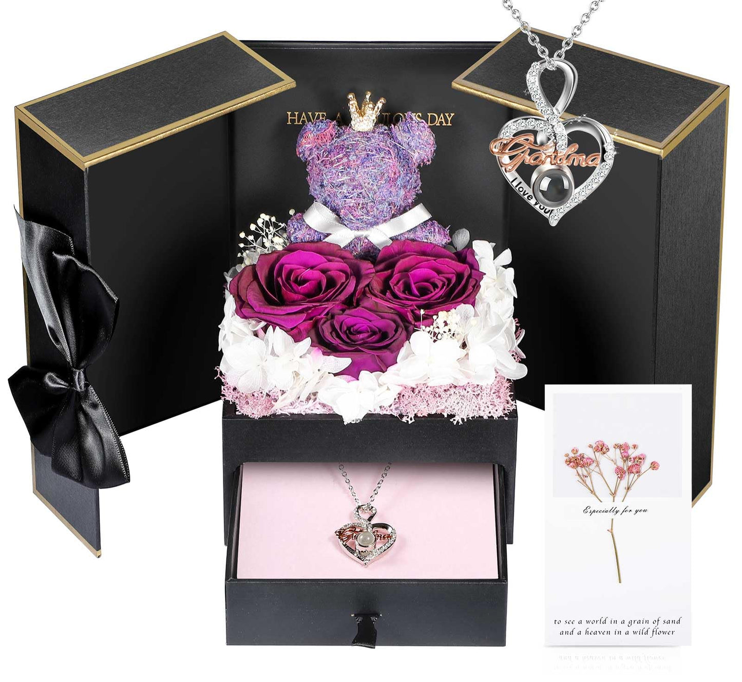 ADDWel Rose Gifts for Women Birthday Christmas - Preserved Real Roses Forever Red Flowers with I Love You in 100 Languages Necklace and Cute Moss Bear for Girlfriend Wife Mom Grandma