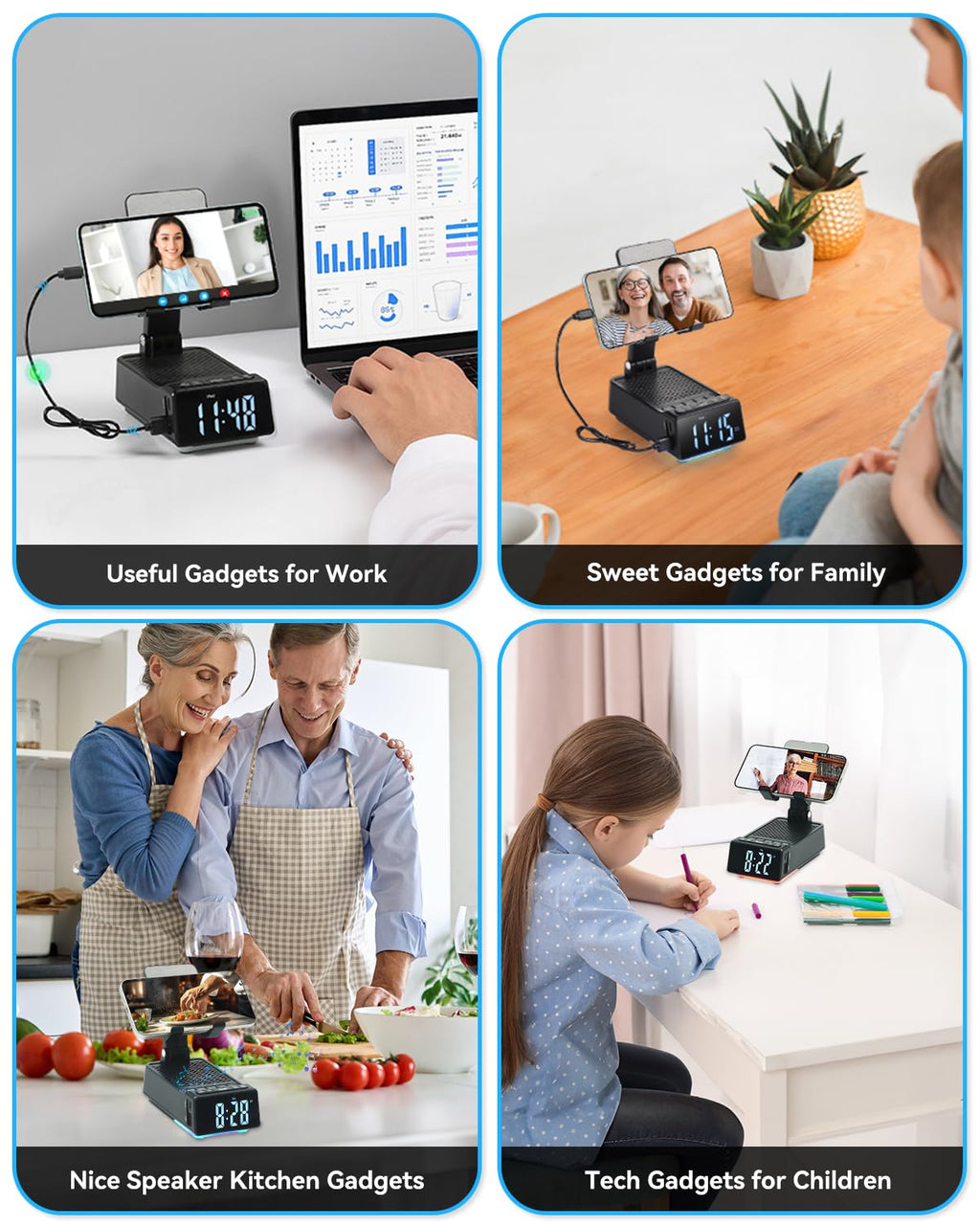 Gifts for Men Women - Cell Phone Stand with Bluetooth Speaker, Phone Holder with Charger (5000mAh), HD Surround Sound for Desk, Stocking Stuffers White Elephant Gift for Adults