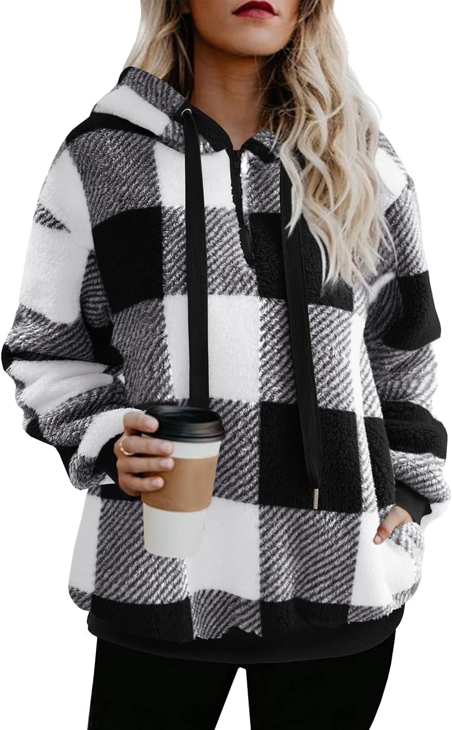 ReachMe Womens Oversized Sherpa Pullover Hoodie with Pockets Fuzzy Fleece Sweatshirt Plaid Fluffy Jacket Coat