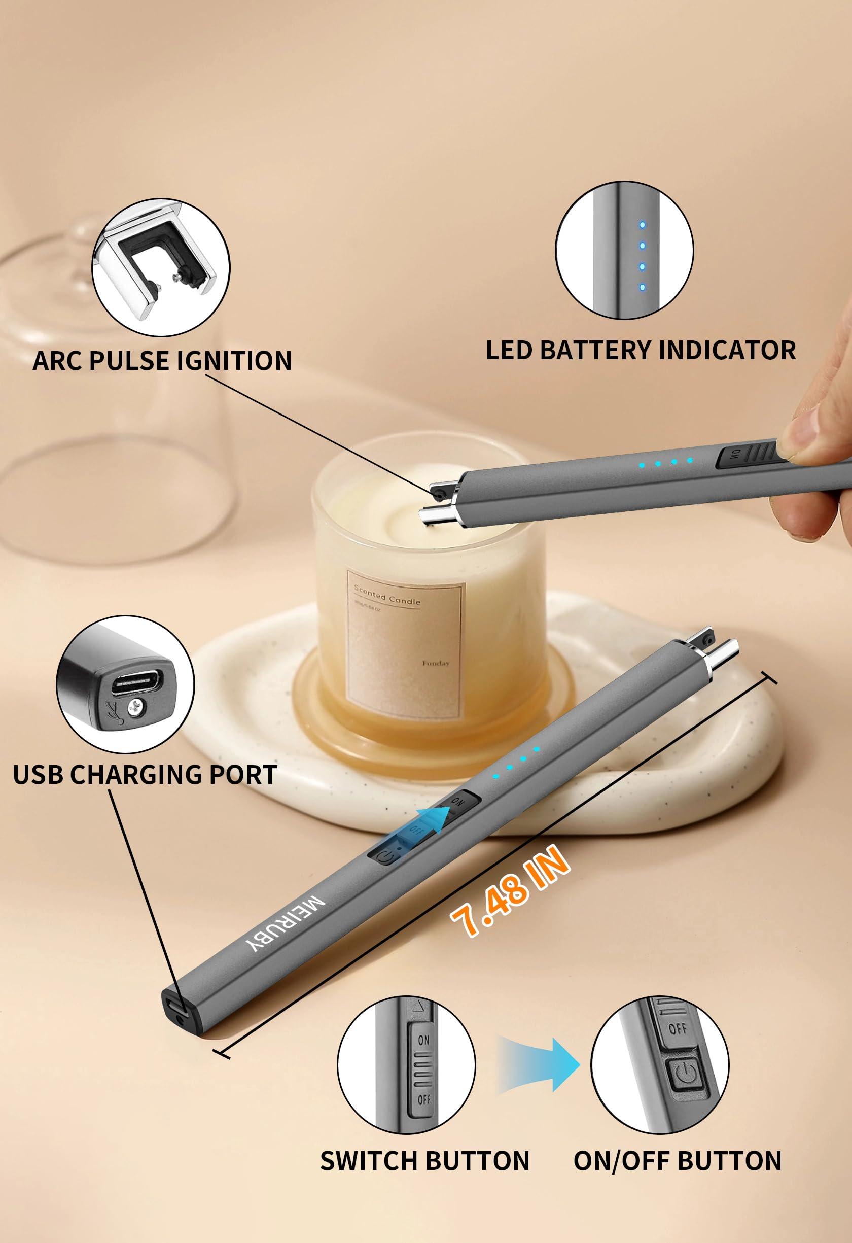 MEIRUBY Electric Candle Lighter, Christmas Stocking Stuffers Gifts for Women Mom Men Wife Sister, USB Arc Rechargeable Windproof Long Lighter for Candle BBQ Housewarming Birthday Gifts Idals