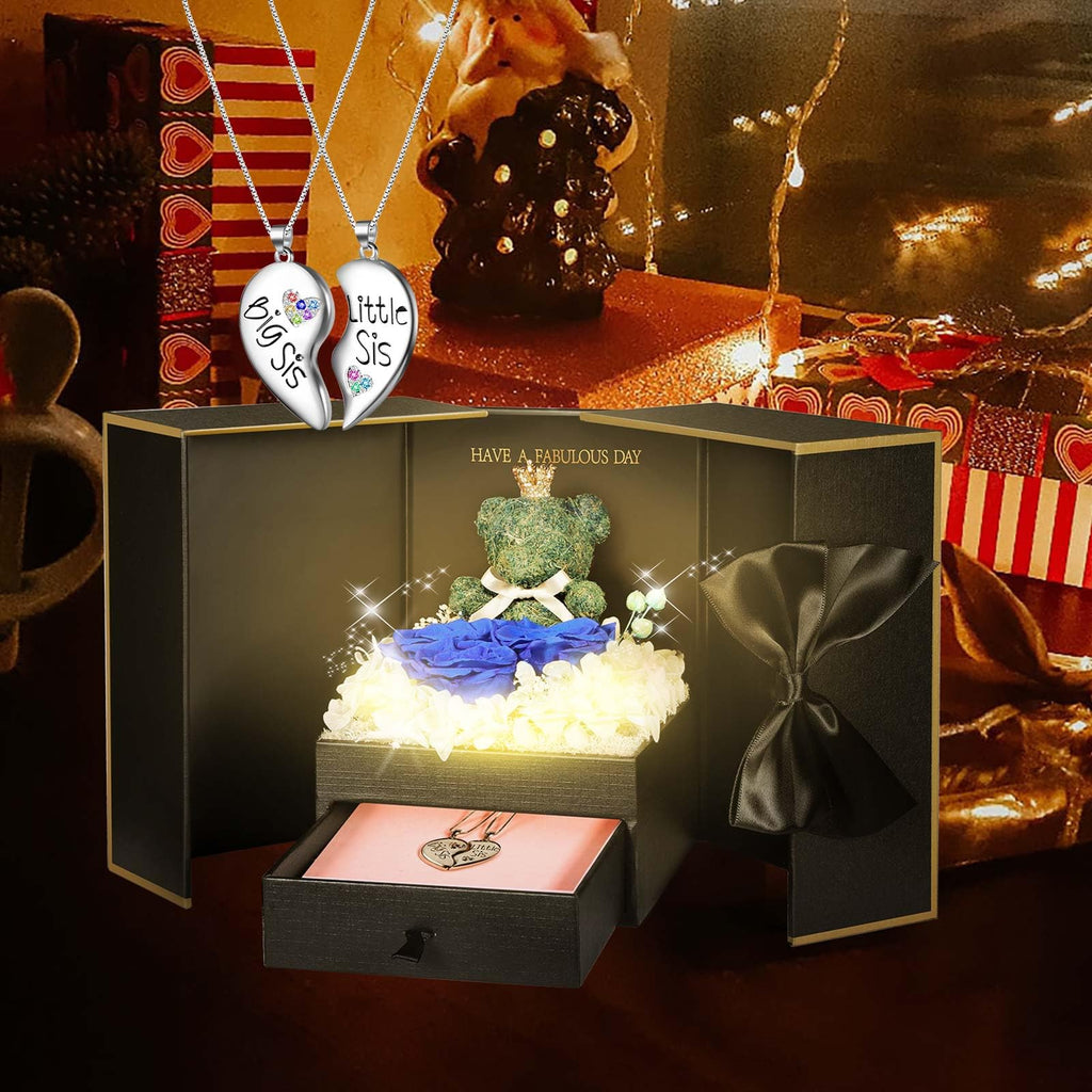 ADDWel Rose Gifts for Women Birthday Christmas - Preserved Real Roses Forever Red Flowers with I Love You in 100 Languages Necklace and Cute Moss Bear for Girlfriend Wife Mom Grandma