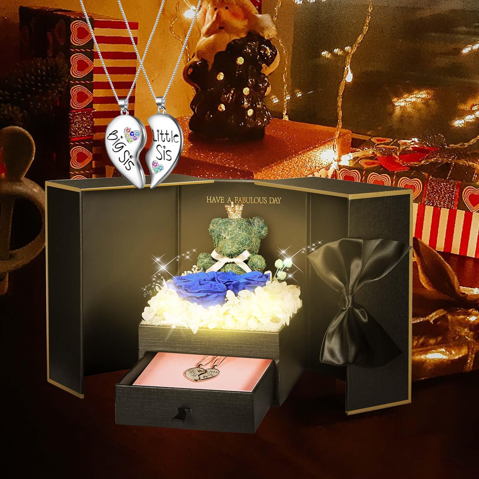 ADDWel Rose Gifts for Women Birthday Christmas - Preserved Real Roses Forever Red Flowers with I Love You in 100 Languages Necklace and Cute Moss Bear for Girlfriend Wife Mom Grandma