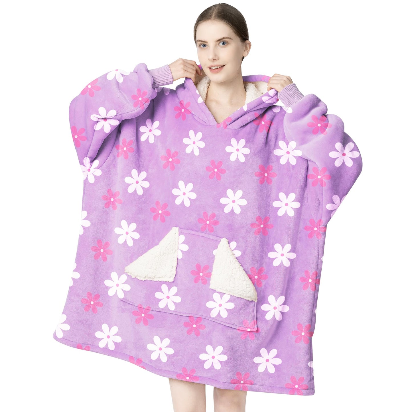 Touchat Wearable Blanket Hoodie, Oversized Sherpa Fleece Sweatshirt Blanket with Giant Hood Pocket and Sleeves for Adult, Warm & Cozy Grey Blanket Gifts for Women