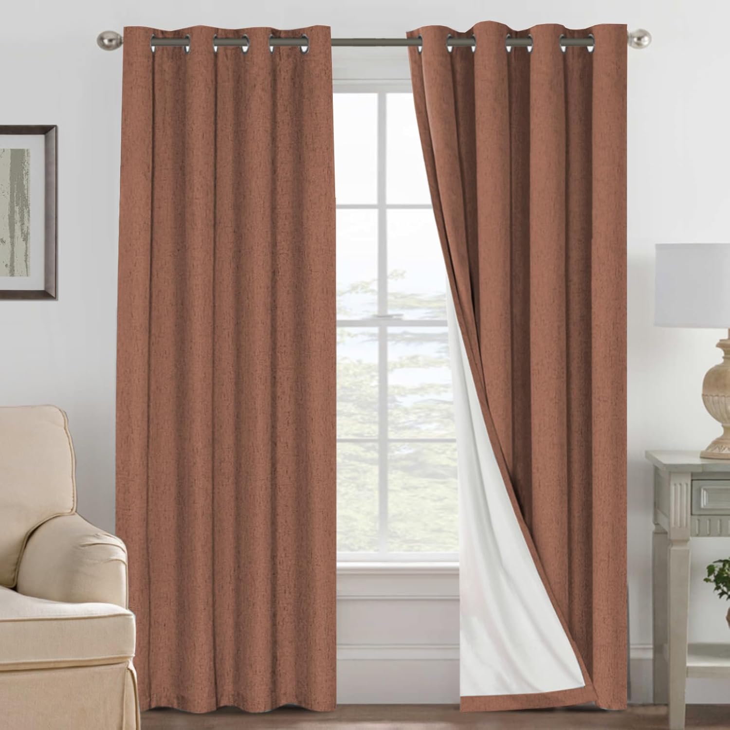 H.VERSAILTEX Linen 100% Blackout Curtains for Bedroom Full Light Blocking Curtains, Textured Window Curtain for Living Room 84 inch Grommet, Energy Efficient Curtains White Liner(2 Panels, Natural)