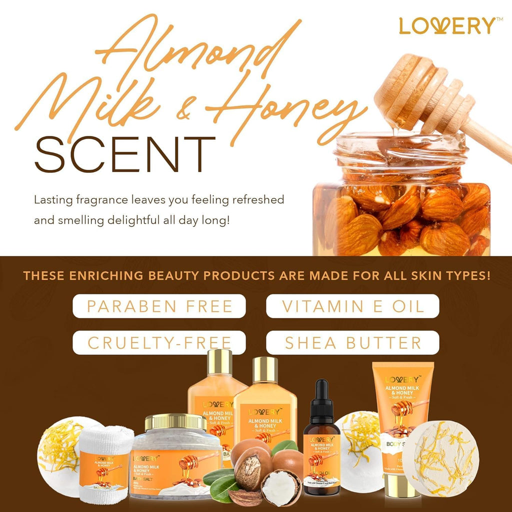 Christmas Gifts for Women Gift Basket for Women - 10 Pc Almond Milk & Honey Beauty & Personal Care Set - Home Bath Pampering Package for Relaxing - Spa Self Care Kit - Birthday, Mom, Anniversary Gift