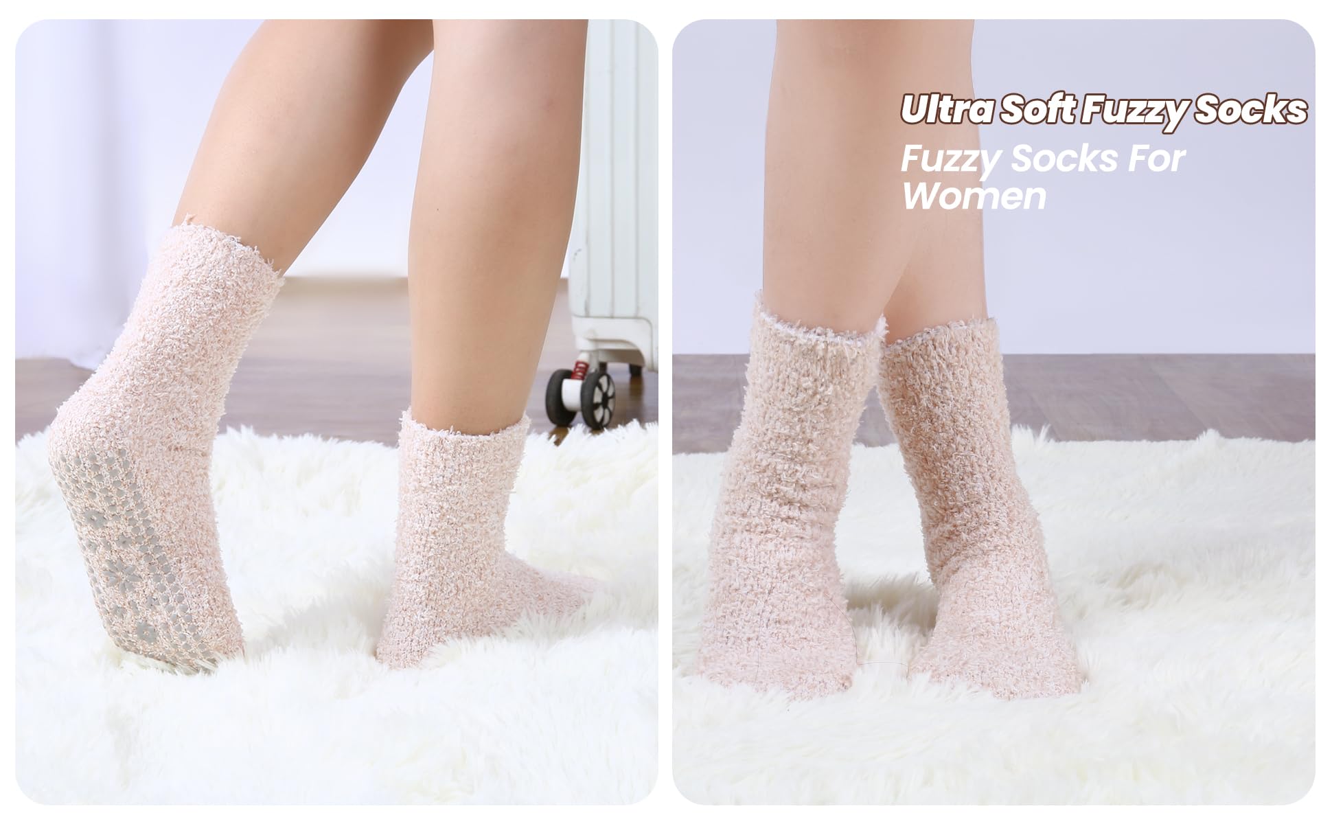 HUGSWEET 6 Pairs Thick Fuzzy Socks with Grip Cozy Non Slip Hospital Socks Home Fluffy Warm Slipper Socks Gifts for Women