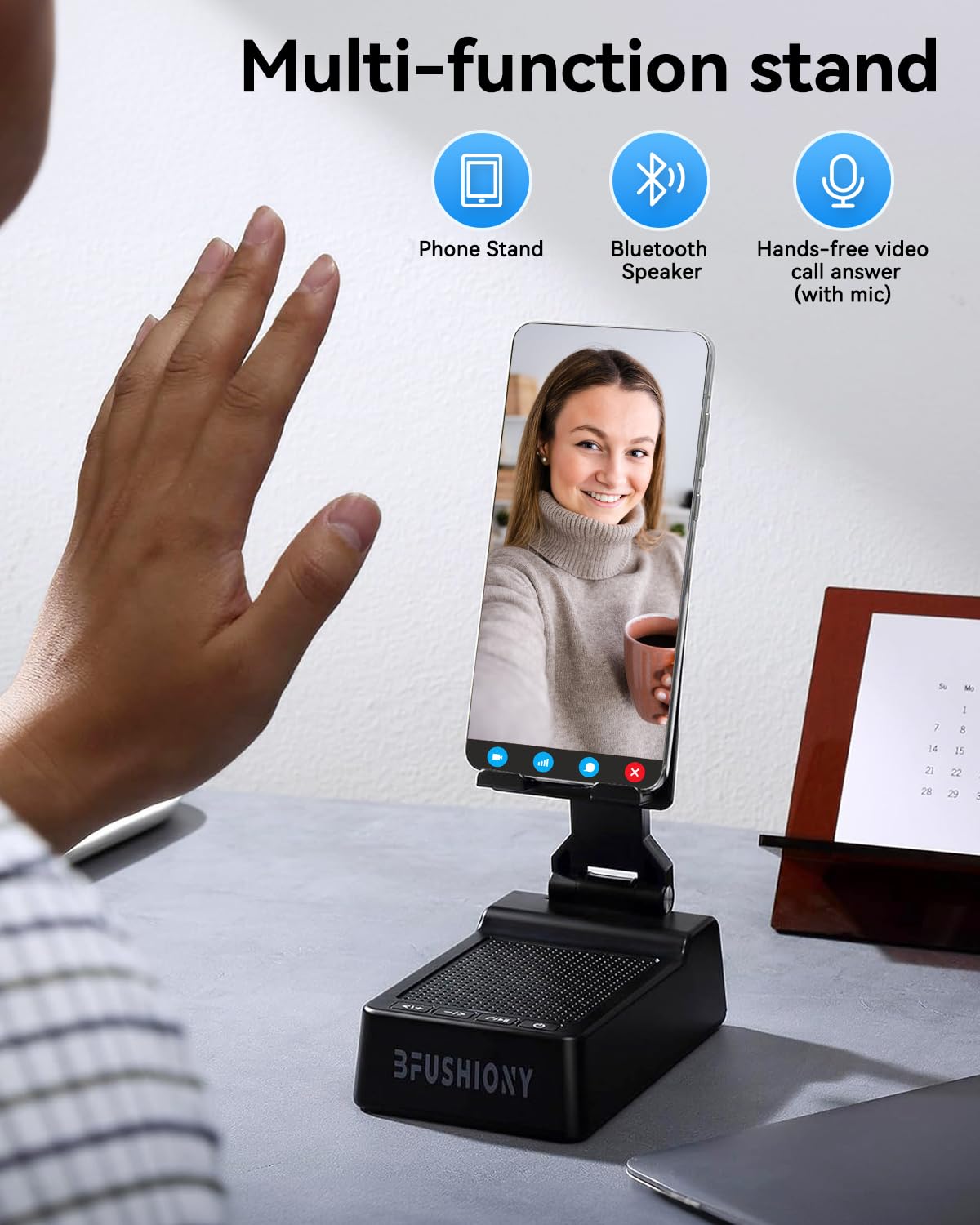 Gifts for Men Women - Cell Phone Stand with Bluetooth Speaker, Phone Holder with Charger (5000mAh), HD Surround Sound for Desk, Stocking Stuffers White Elephant Gift for Adults