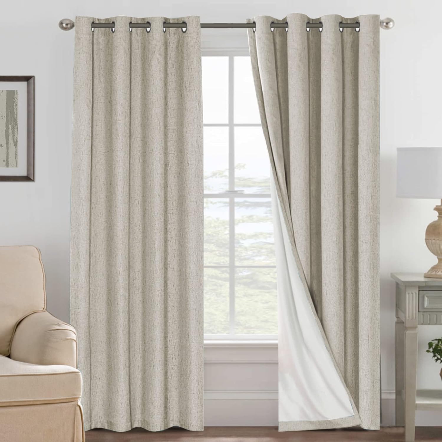 H.VERSAILTEX Linen 100% Blackout Curtains for Bedroom Full Light Blocking Curtains, Textured Window Curtain for Living Room 84 inch Grommet, Energy Efficient Curtains White Liner(2 Panels, Natural)