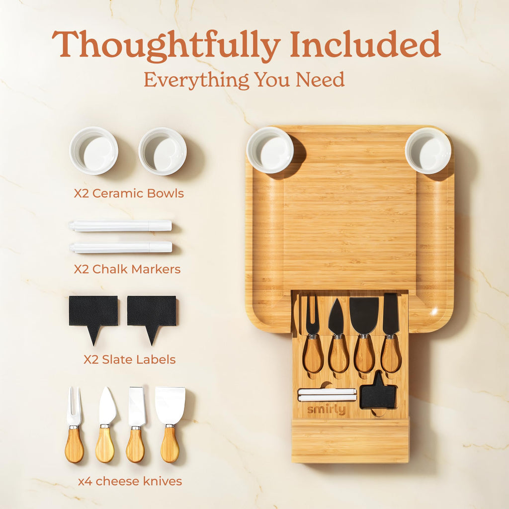 Smirly Charcuterie Board Set - Large Bamboo Cheese Board for Serving - House Warming Gifts New Home, Wedding & Bridal Shower Gift, Birthday Gift for Women