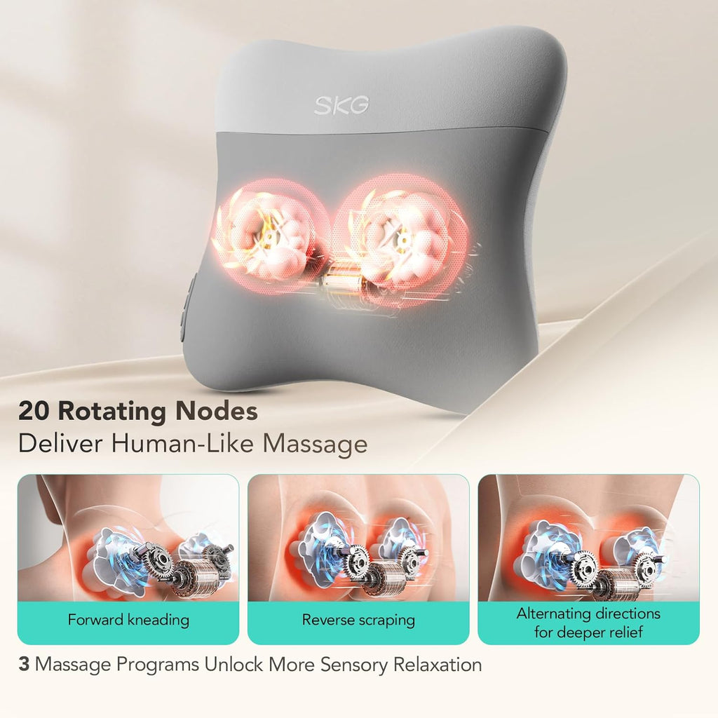 SKG Back Massager for Pain Relief Deep Tissue Cordless Back and Neck Massager Pillow with Dual Sided Heat VS500 Gifts for Men Women(Need to Restart After 15 min)