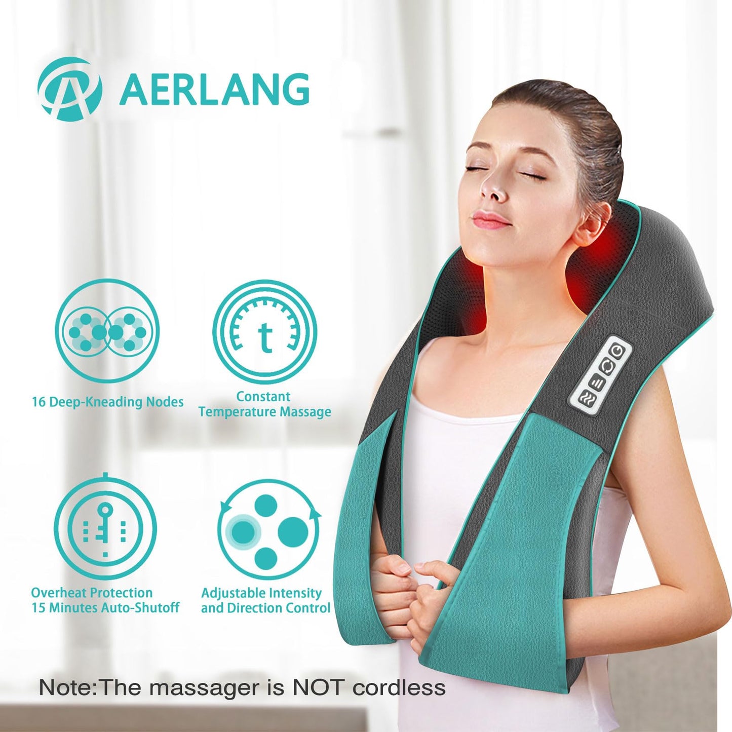 AERLANG Shiatsu Back and Neck Massager, Back Massager Deep Tissue Kneading Neck and Shoulder Massage with Heat, Electric Massage Pillow Fathers Day Gift Ideas from Daughter Son(NOT Cordless)