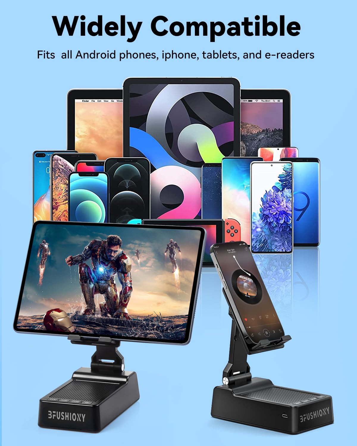 Gifts for Men Women - Cell Phone Stand with Bluetooth Speaker, Phone Holder with Charger (5000mAh), HD Surround Sound for Desk, Stocking Stuffers White Elephant Gift for Adults