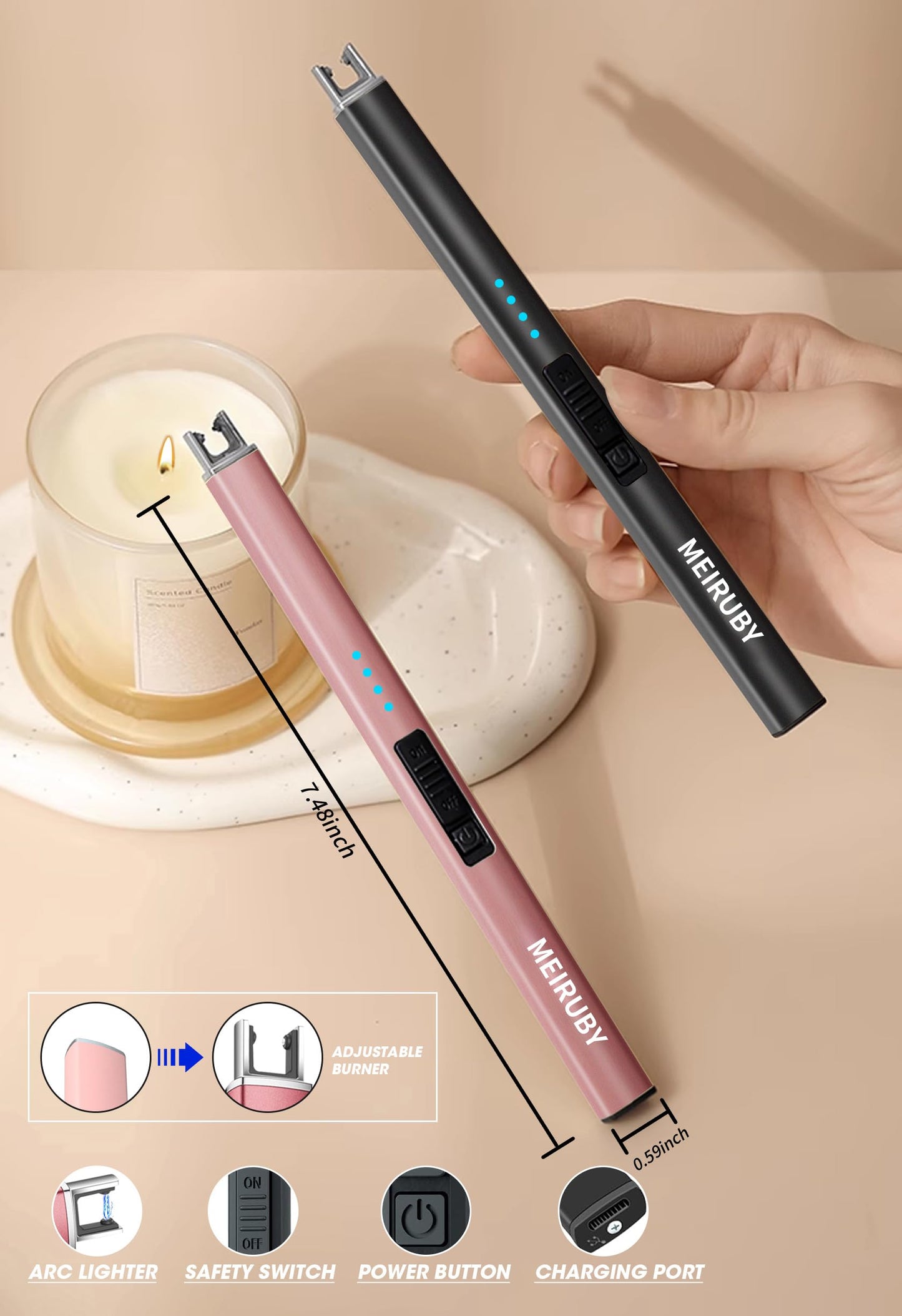 MEIRUBY Electric Candle Lighter, Christmas Stocking Stuffers Gifts for Women Mom Men Wife Sister, USB Arc Rechargeable Windproof Long Lighter for Candle BBQ Housewarming Birthday Gifts Idals