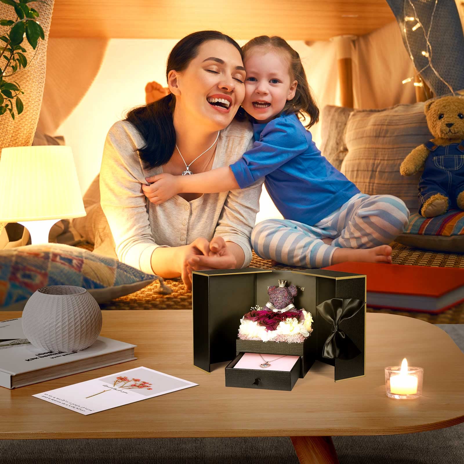 ADDWel Rose Gifts for Women Birthday Christmas - Preserved Real Roses Forever Red Flowers with I Love You in 100 Languages Necklace and Cute Moss Bear for Girlfriend Wife Mom Grandma