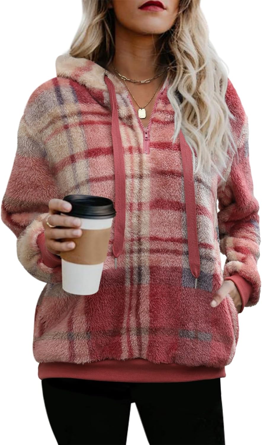 ReachMe Womens Oversized Sherpa Pullover Hoodie with Pockets Fuzzy Fleece Sweatshirt Plaid Fluffy Jacket Coat