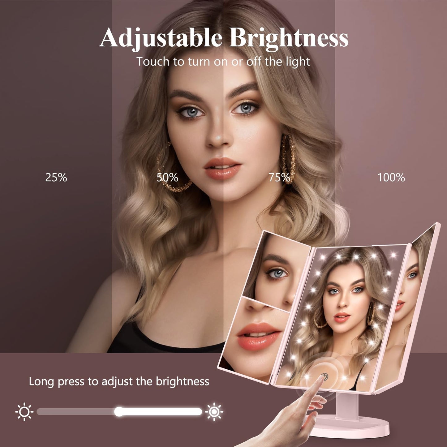 HUONUL Makeup Mirror Vanity Mirror with Lights, 2X, 3X, 10X Magnification, Touch Control, Trifold, White, 9.4" L x 13.4" W, Modern Style, Dresser Mount, Bathroom
