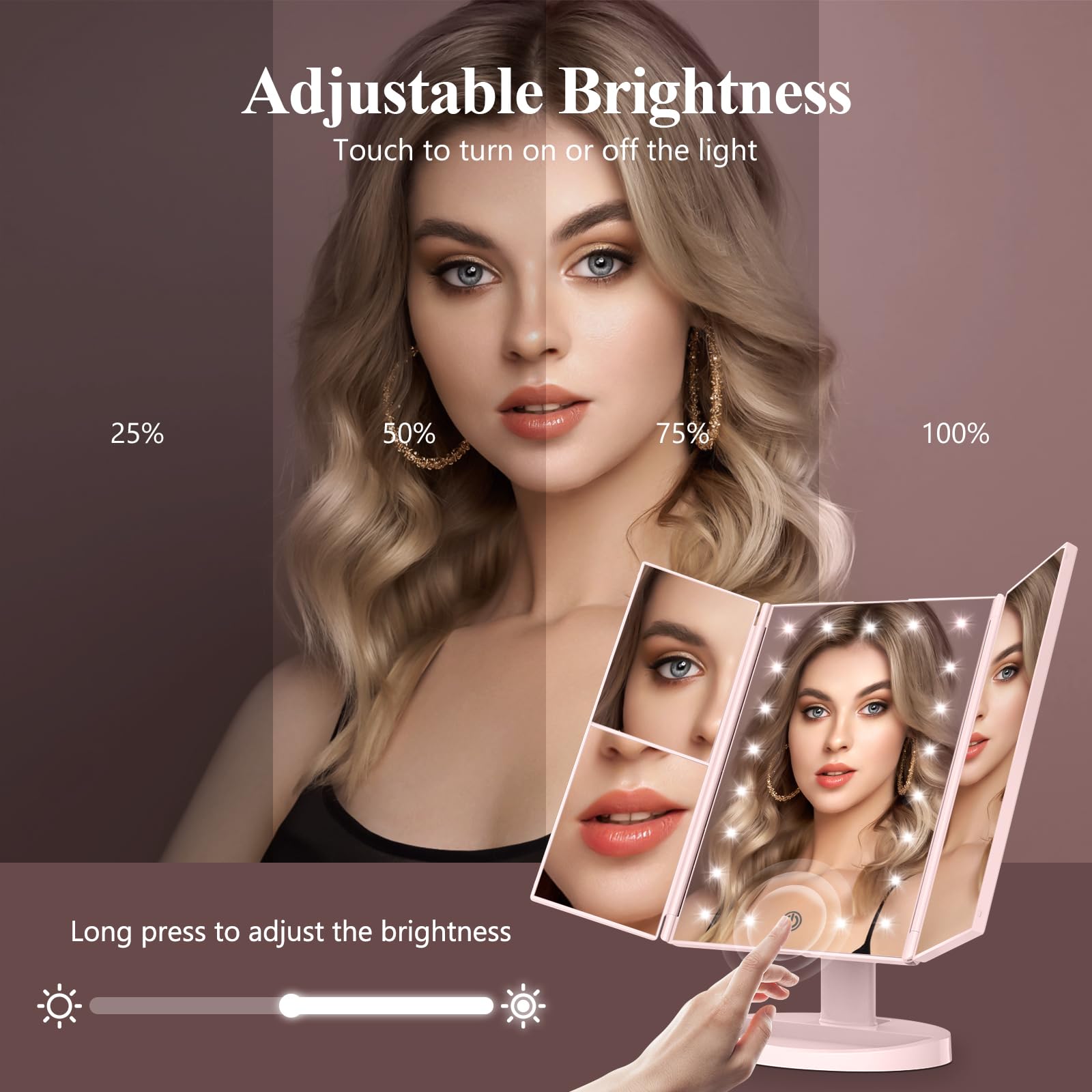 HUONUL Makeup Mirror Vanity Mirror with Lights, 2X, 3X, 10X Magnification, Touch Control, Trifold, White, 9.4" L x 13.4" W, Modern Style, Dresser Mount, Bathroom