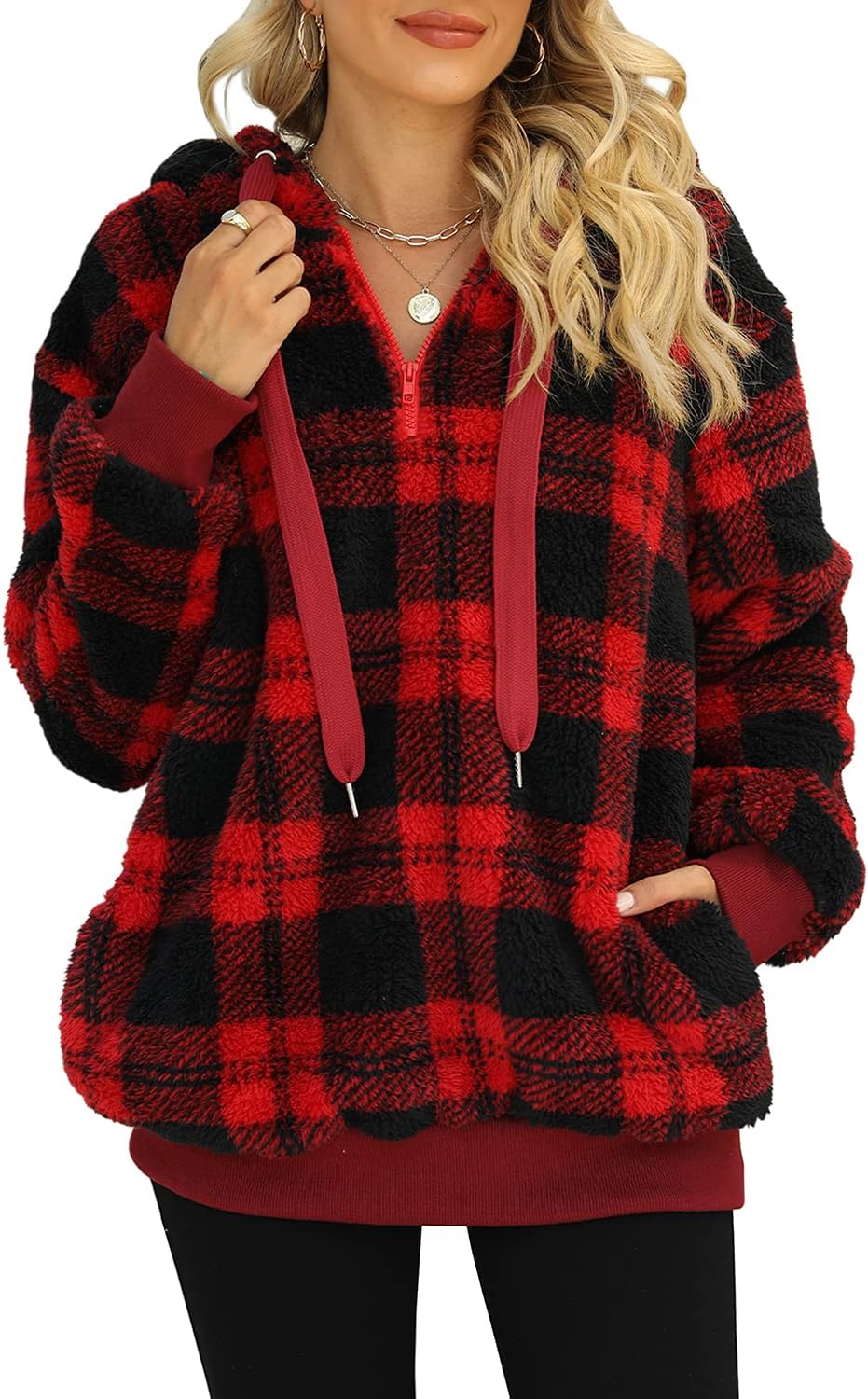 ReachMe Womens Oversized Sherpa Pullover Hoodie with Pockets Fuzzy Fleece Sweatshirt Plaid Fluffy Jacket Coat
