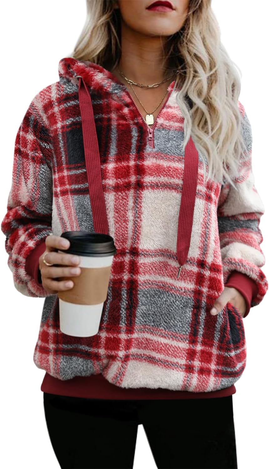 ReachMe Womens Oversized Sherpa Pullover Hoodie with Pockets Fuzzy Fleece Sweatshirt Plaid Fluffy Jacket Coat