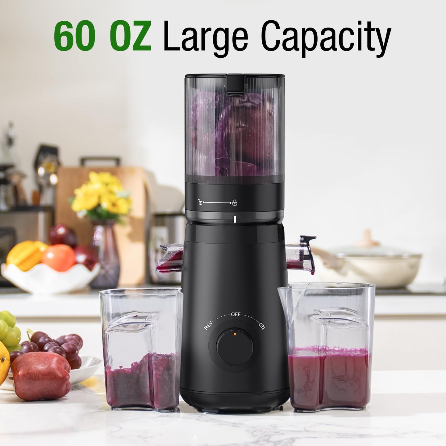 Juicer Machines, TUUMIIST Cold Press Juicer with 5.3" Extra Large Feed Chute Fit Whole Fruits & Vegetables Easy to Clean, High Juice Yield, BPA Free (Black)