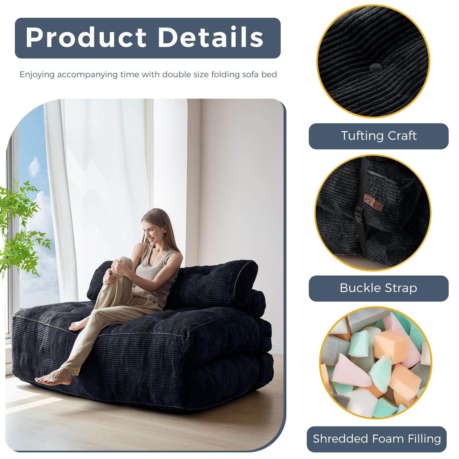 MAXYOYO Folding Sofa Bed, Convertible Sleeper Chair with Pillow Foldable Mattress with Back Support, Portable Fold Out Chair Bed Comfy Floor Sofa Lounge for Living Room Bedroom, Dark Grey, Single