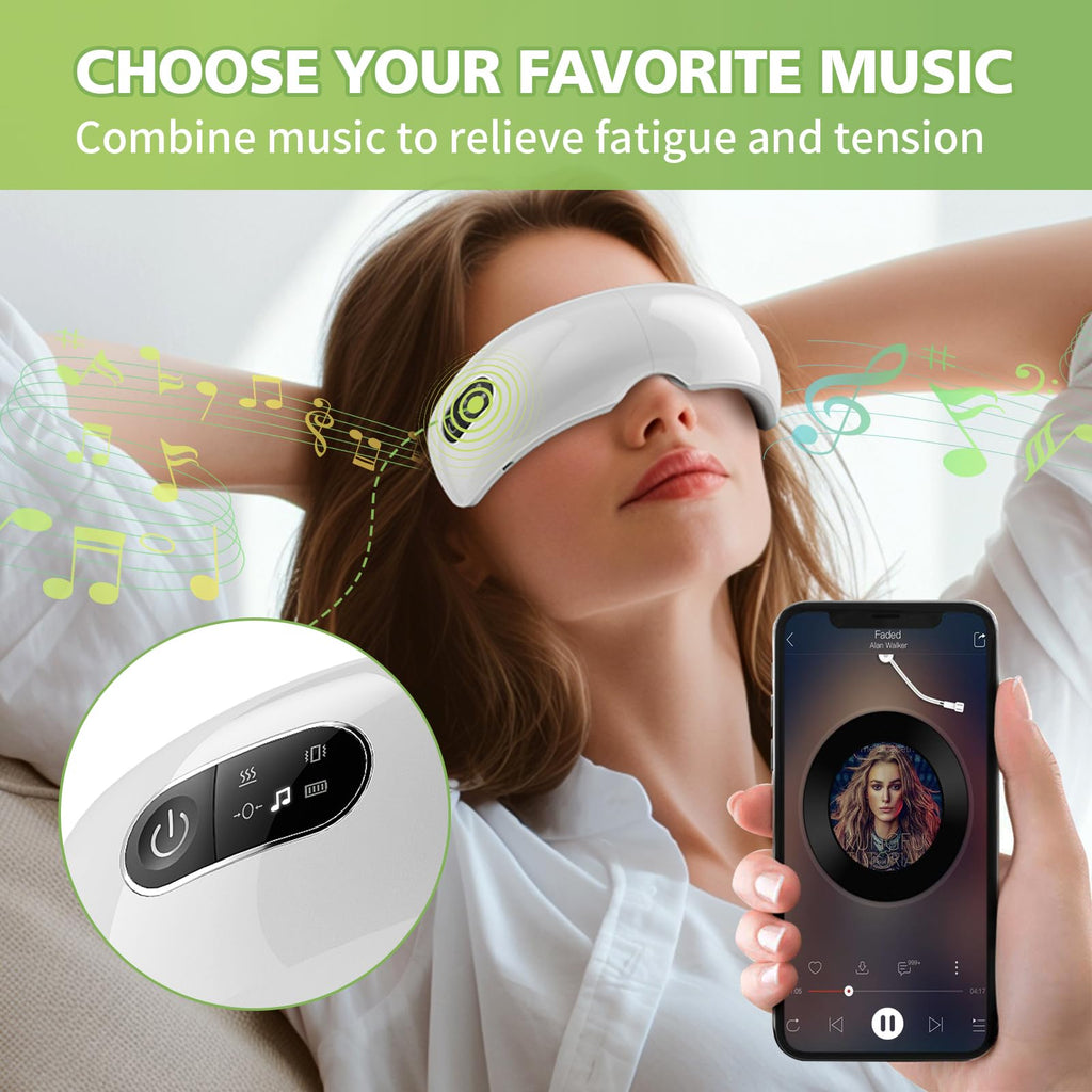 NOWWISH Eye Massager with Heat, Vibration and Bluetooth Music for Migraine Headache Eye Strain Relief, Cordless Heated Eye Mask with 4 Massage Modes, Relaxation -Christmas Gifts for Women Men -White