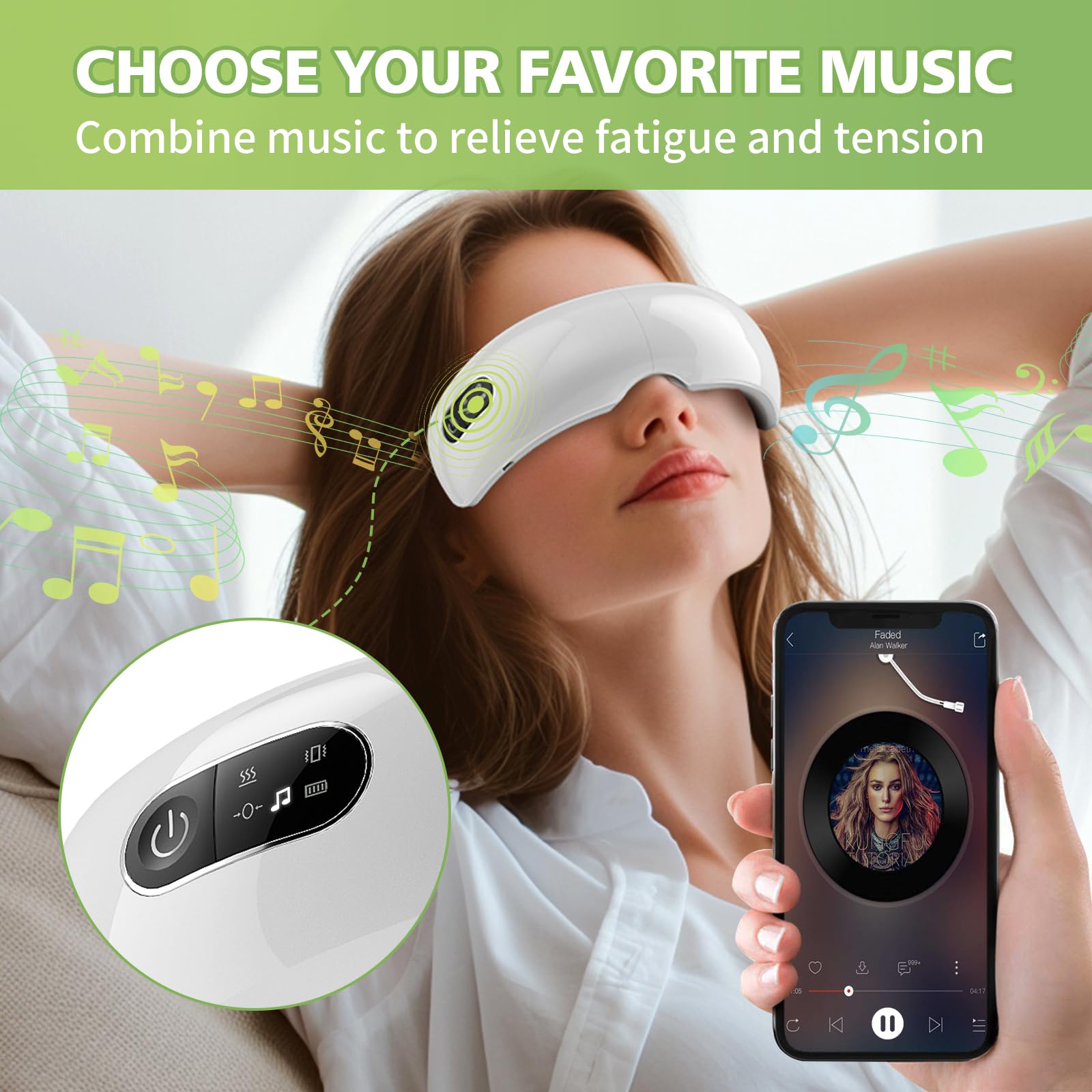 NOWWISH Eye Massager with Heat, Vibration and Bluetooth Music for Migraine Headache Eye Strain Relief, Cordless Heated Eye Mask with 4 Massage Modes, Relaxation -Christmas Gifts for Women Men -White