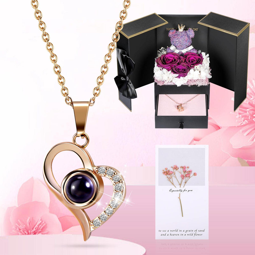 ADDWel Rose Gifts for Women Birthday Christmas - Preserved Real Roses Forever Red Flowers with I Love You in 100 Languages Necklace and Cute Moss Bear for Girlfriend Wife Mom Grandma