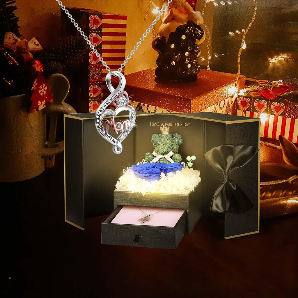 ADDWel Rose Gifts for Women Birthday Christmas - Preserved Real Roses Forever Red Flowers with I Love You in 100 Languages Necklace and Cute Moss Bear for Girlfriend Wife Mom Grandma