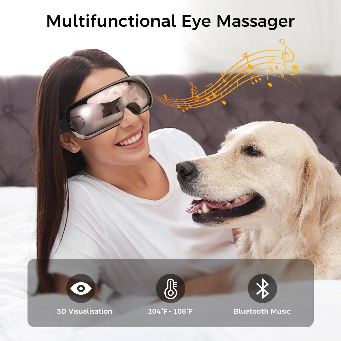 NOWWISH Eye Massager with Heat, Vibration and Bluetooth Music for Migraine Headache Eye Strain Relief, Cordless Heated Eye Mask with 4 Massage Modes, Relaxation -Christmas Gifts for Women Men -White