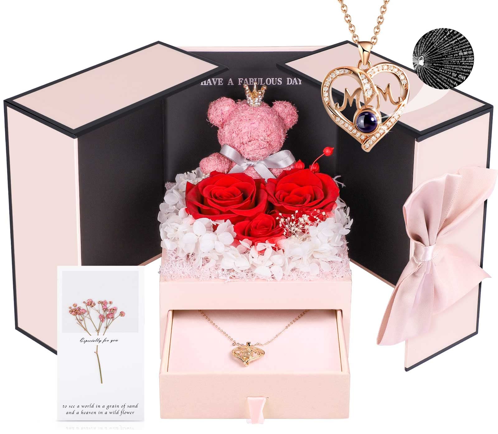 ADDWel Rose Gifts for Women Birthday Christmas - Preserved Real Roses Forever Red Flowers with I Love You in 100 Languages Necklace and Cute Moss Bear for Girlfriend Wife Mom Grandma